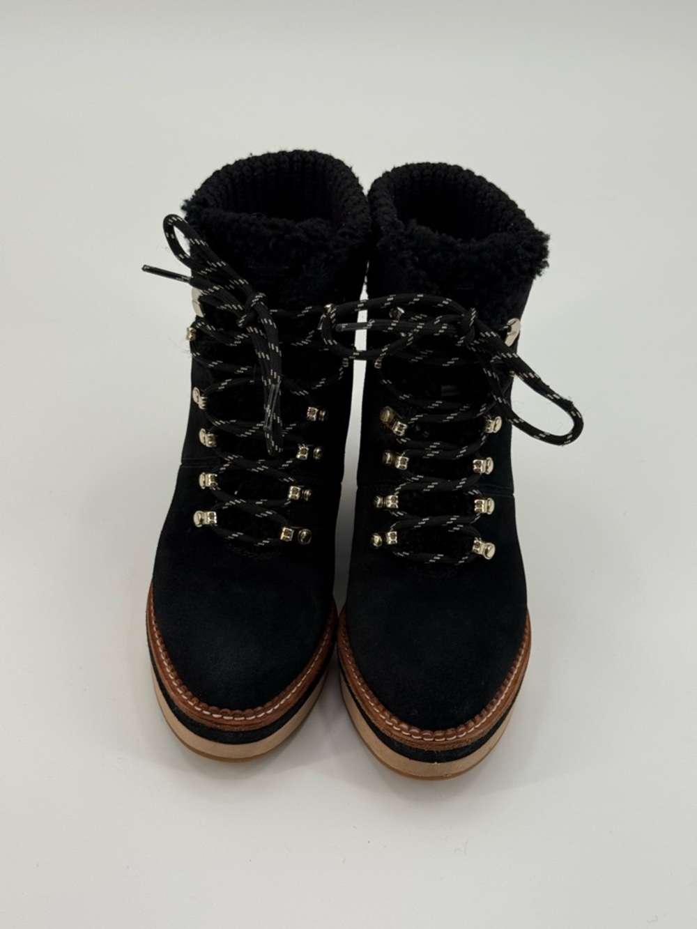 Kate Spade Willow Wedge Lace Up Knit Collar Suede Platform Booties SZ 7.5B - Picture 3 of 16